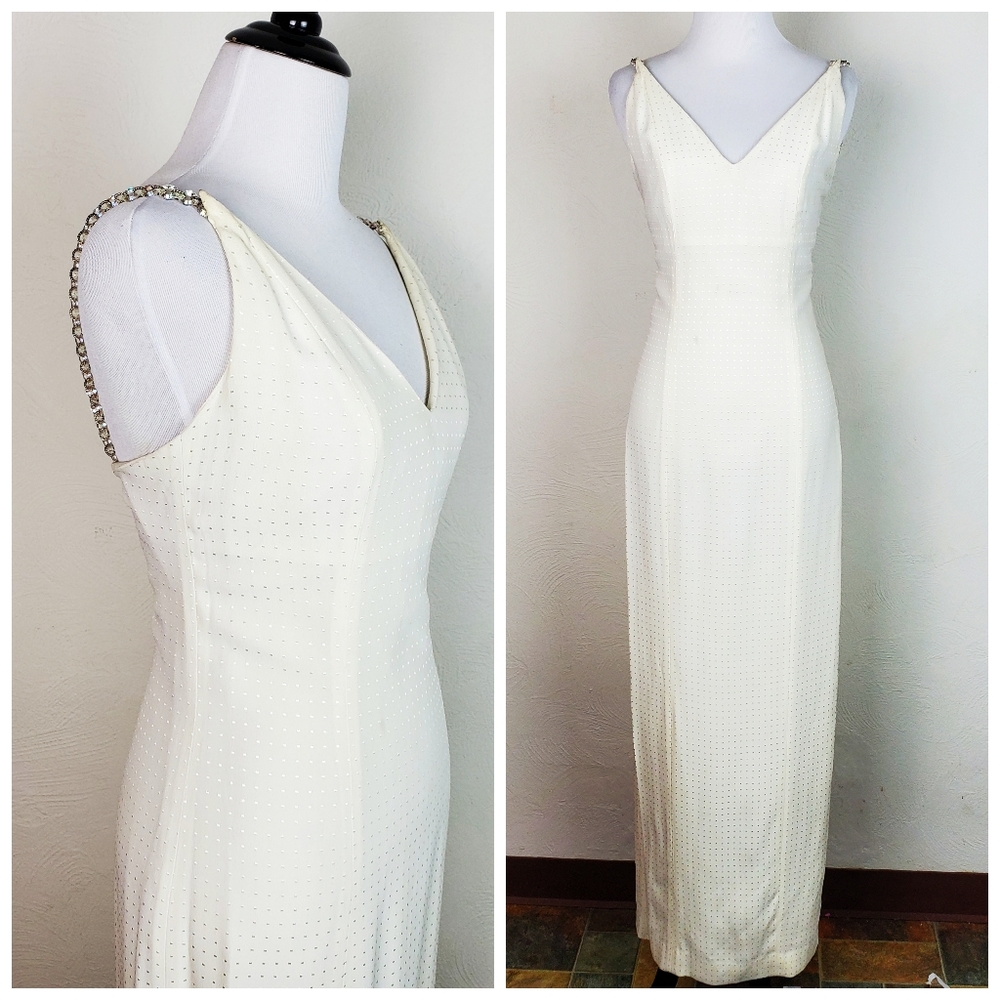 Paule Ka Dress Paris Gown Crystal Straps V Neck Dot Pattern Cream Old Hollywood